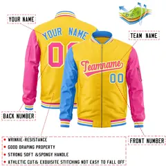 Gold Powder Blue Pink Varsity Letterman Bomber Jacket Full-Zip Raglan Sleeves 2