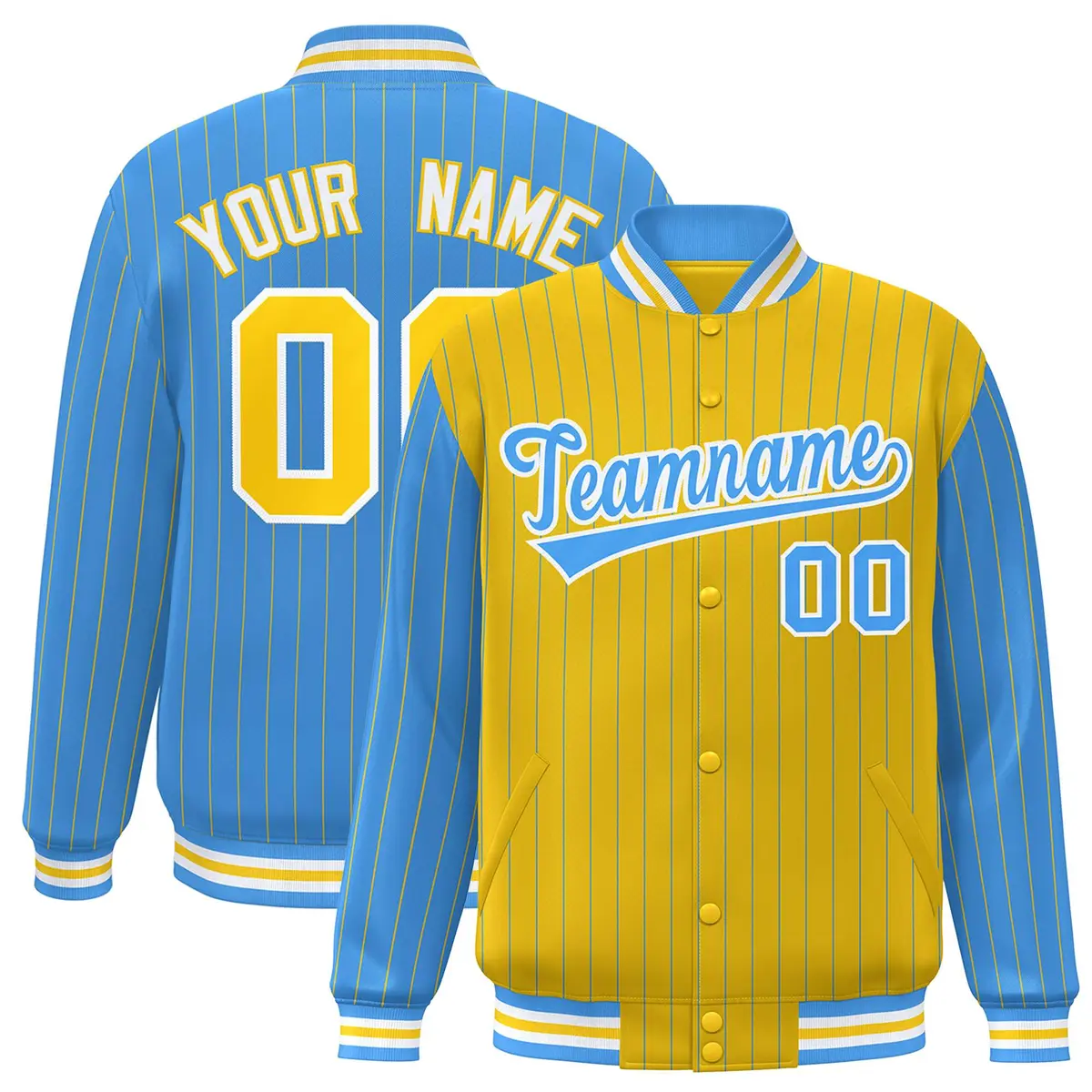 Gold Powder Blue Pinstripe Raglan Varsity Letterman Baseball Jacket