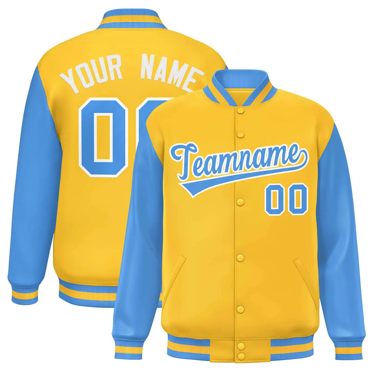 Gold Powder Blue Raglan Varsity Letterman Baseball Jacket