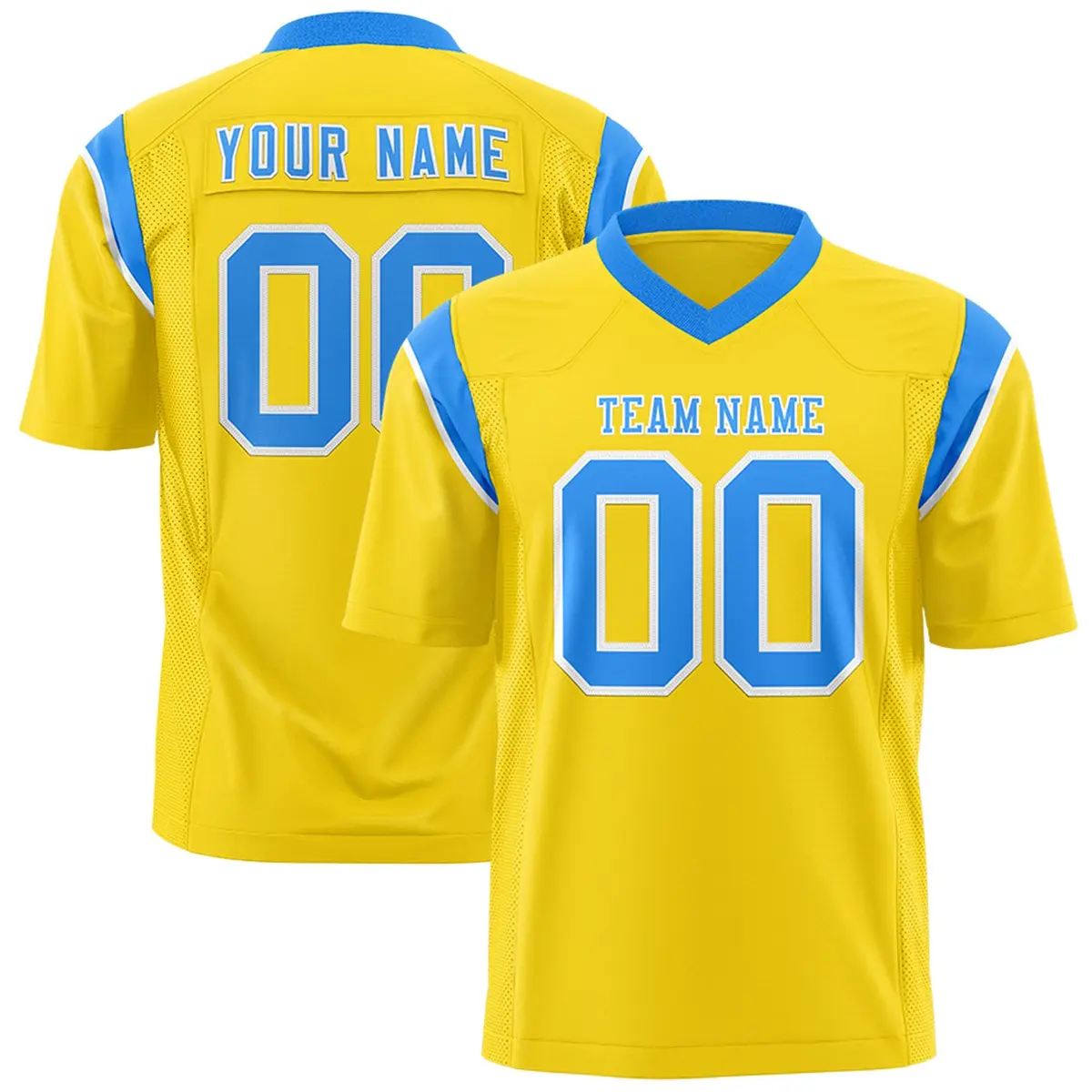 Gold Powder Blue Shoulder Cut Two-Tone Flag Football Jersey
