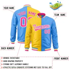 Gold Powder Blue Two Tone Split Varsity Letterman Bomber Jacket 2