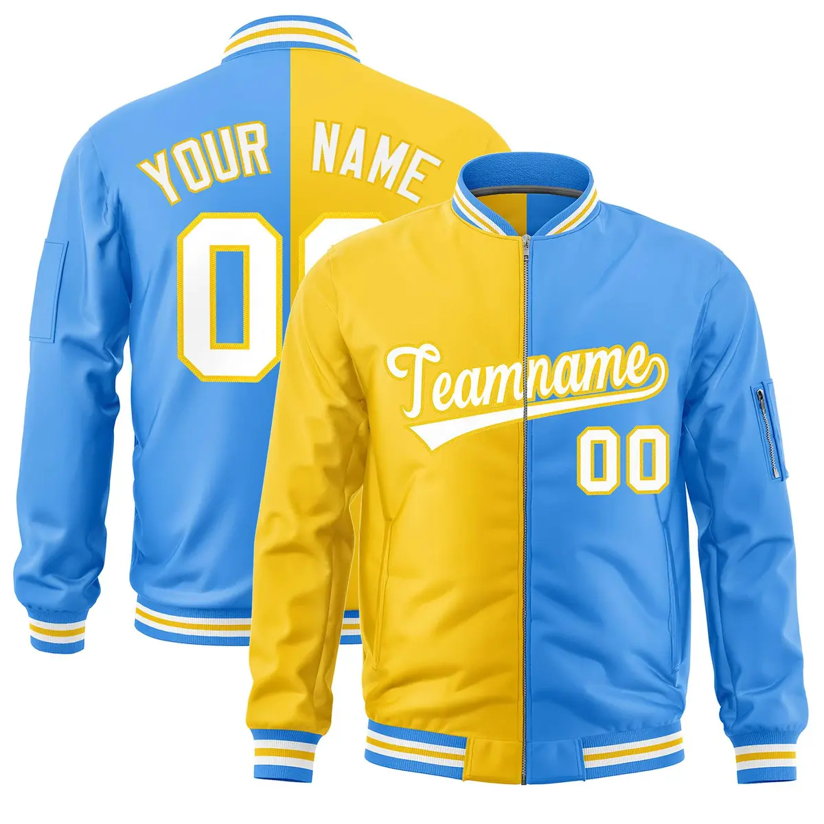 Gold Powder Blue Two Tone Split Varsity Letterman Bomber Jacket