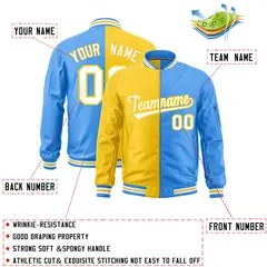 Gold Powder Blue Two Tone Split Varsity Letterman Bomber Jacket 2