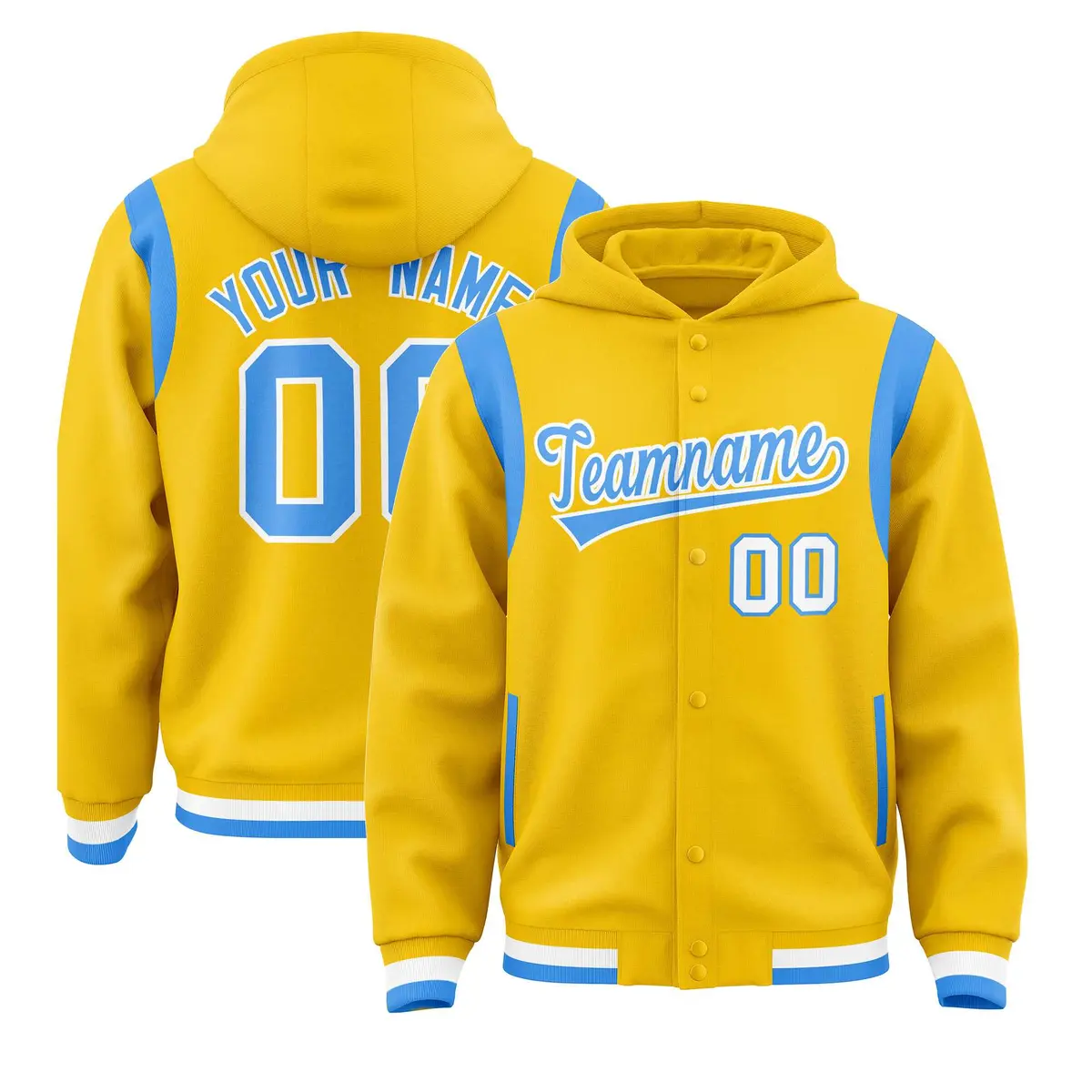 Gold Powder Blue Varsity Letterman Shoulder Color Block Jacket Hoodie