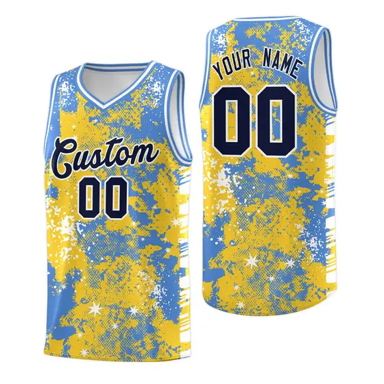Gold Powder Blue Vice Burst Graffiti Stretch Basketball Jersey
