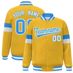 Gold Powder Blue-White Color Block Varsity Full-Snap Baseball Jacket 1