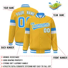 Gold Powder Blue-White Color Block Varsity Full-Snap Baseball Jacket 2