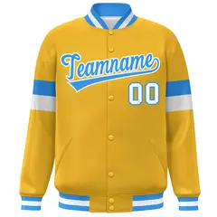 Gold Powder Blue-White Color Block Varsity Full-Snap Baseball Jacket 3