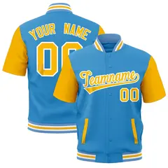 Gold Powder Blue White Full-Snap Short Sleeve Varsity Jacket 1