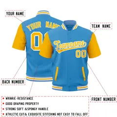 Gold Powder Blue White Full-Snap Short Sleeve Varsity Jacket 2