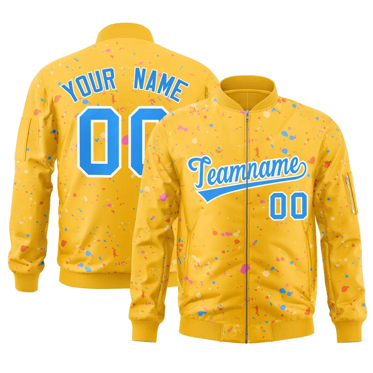 Gold Powder Blue White Full-Zip Graffiti Splash Varsity Letterman Jacket