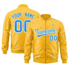 Gold Powder Blue White Full-Zip Graffiti Splash Varsity Letterman Jacket