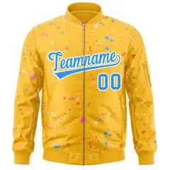 Gold Powder Blue White Full-Zip Graffiti Splash Varsity Letterman Jacket 3