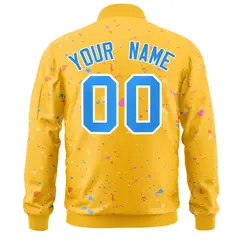 Gold Powder Blue White Full-Zip Graffiti Splash Varsity Letterman Jacket 4