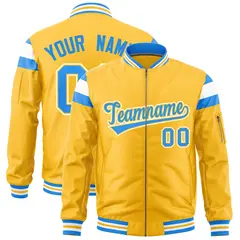 Gold Powder Blue-White Full-Zip Shoulder Color Block Varsity Letterman Bomber Jacket