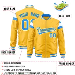 Gold Powder Blue-White Full-Zip Shoulder Color Block Varsity Letterman Bomber Jacket 2