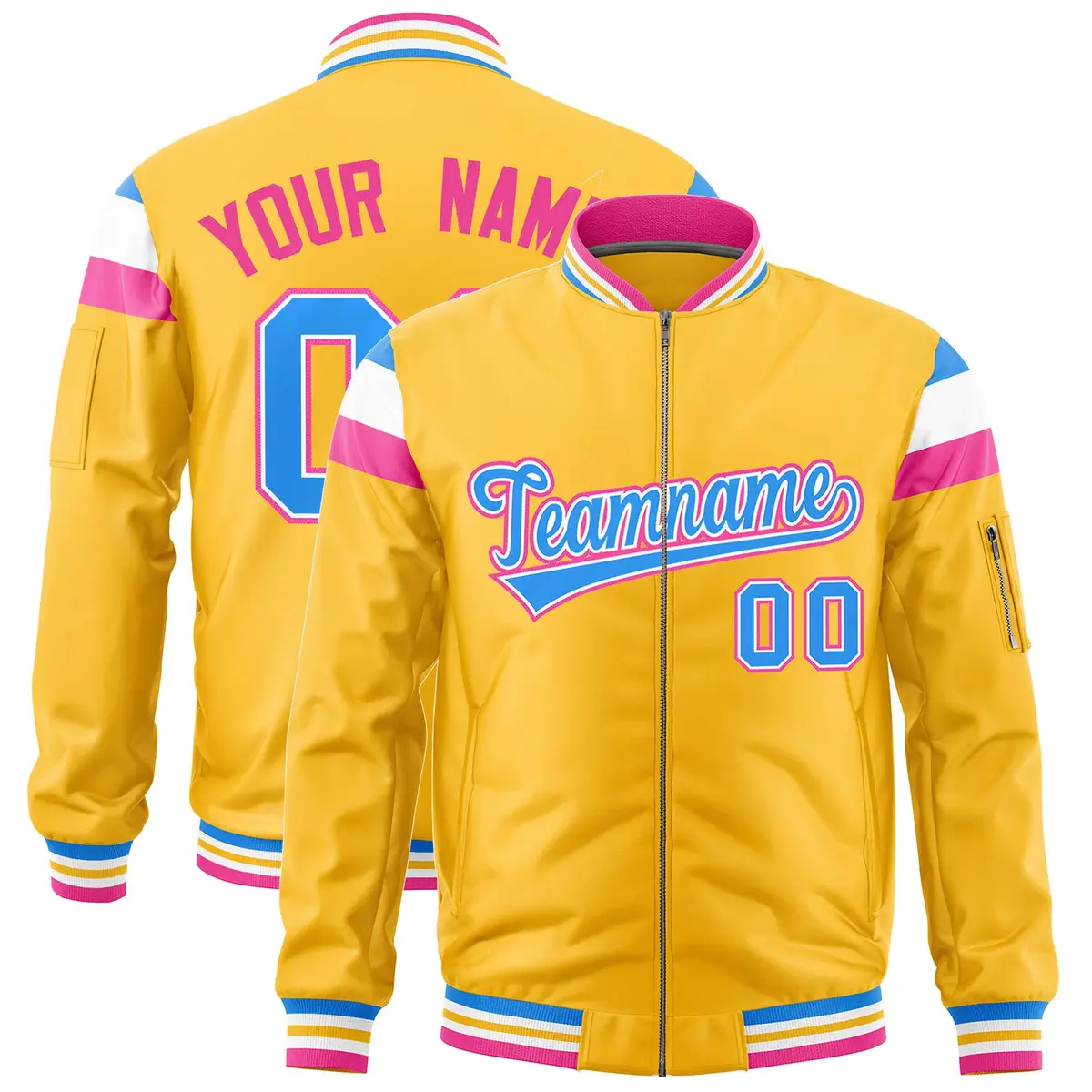 Gold Powder Blue-White Full-Zip Shoulder Color Block Varsity Letterman Bomber Jacket
