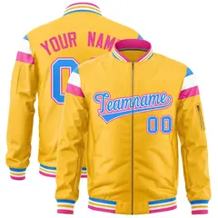 Gold Powder Blue-White Full-Zip Shoulder Color Block Varsity Letterman Bomber Jacket 1
