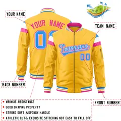 Gold Powder Blue-White Full-Zip Shoulder Color Block Varsity Letterman Bomber Jacket 2