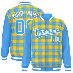 Gold Powder Blue-White Plaid Varsity Letterman Baseball Jacket 1