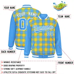 Gold Powder Blue-White Plaid Varsity Letterman Baseball Jacket 2