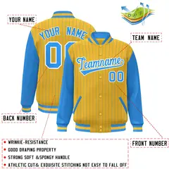 Gold Powder Blue-White Stripe Varsity Bomber Jacket with Raglan Sleeves 2