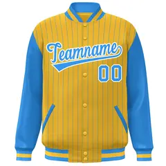 Gold Powder Blue-White Stripe Varsity Bomber Jacket with Raglan Sleeves 3