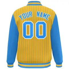 Gold Powder Blue-White Stripe Varsity Bomber Jacket with Raglan Sleeves 4