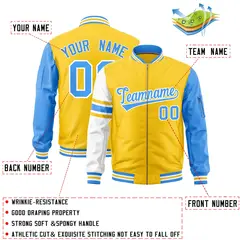Gold Powder Blue-White Stripe Varsity Letterman Bomber Jacket 2