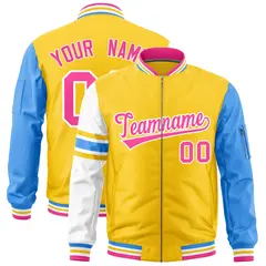 Gold Powder Blue-White Stripe Varsity Letterman Bomber Jacket 1