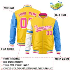 Gold Powder Blue-White Stripe Varsity Letterman Bomber Jacket 2