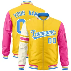 Gold Powder Blue-White Stripe Varsity Letterman Bomber Jacket 1