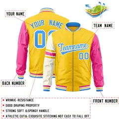Gold Powder Blue-White Stripe Varsity Letterman Bomber Jacket 2