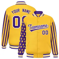Gold Purple American Flag Full-Snap Raglan Letterman Jacket