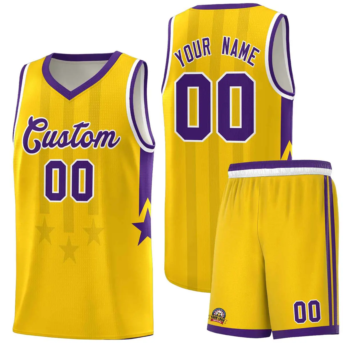Gold Purple and White Gradient Star Graffiti Basketball Jersey