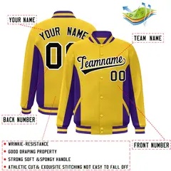 Gold Purple-Black Color Block Varsity Letterman Baseball Jacket 2
