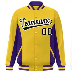 Gold Purple-Black Color Block Varsity Letterman Baseball Jacket 3