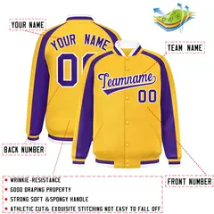 Gold Purple Color Block Raglan Varsity Letterman Jacket 2