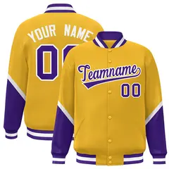Gold Purple Color Block Varsity Full-Snap Letterman Baseball Jacket