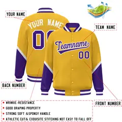 Gold Purple Color Block Varsity Full-Snap Letterman Baseball Jacket 2