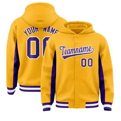 Gold Purple Color Block Varsity Letterman Hoodie Jacket 1