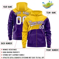 Gold Purple Color Block Wave Varsity Full-Zip Letterman Jacket Hoodie 4