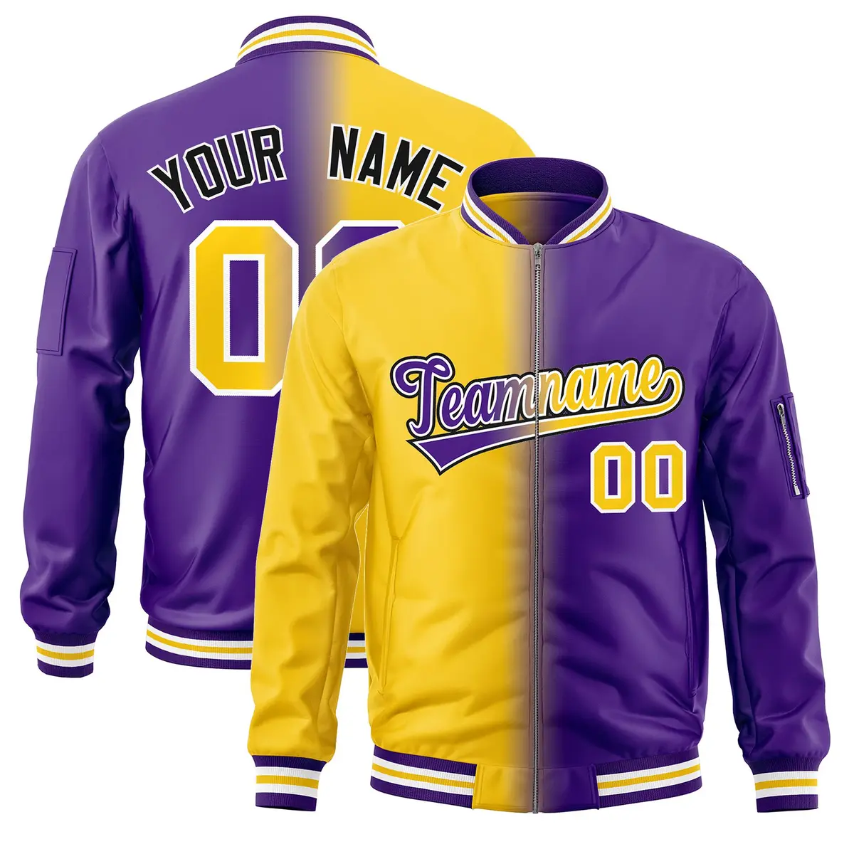 Gold Purple Gradient Full-Zip Letterman Bomber Jacket
