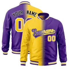 Gold Purple Gradient Full-Zip Letterman Bomber Jacket