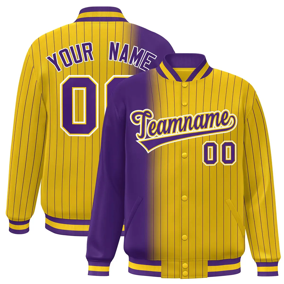 Gold Purple Gradient Pinstripe Varsity Full-Snap Letterman Jacket