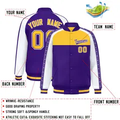 Gold Purple K-Ribbon Raglan Color Block Full-Snap Letterman Jacket 2