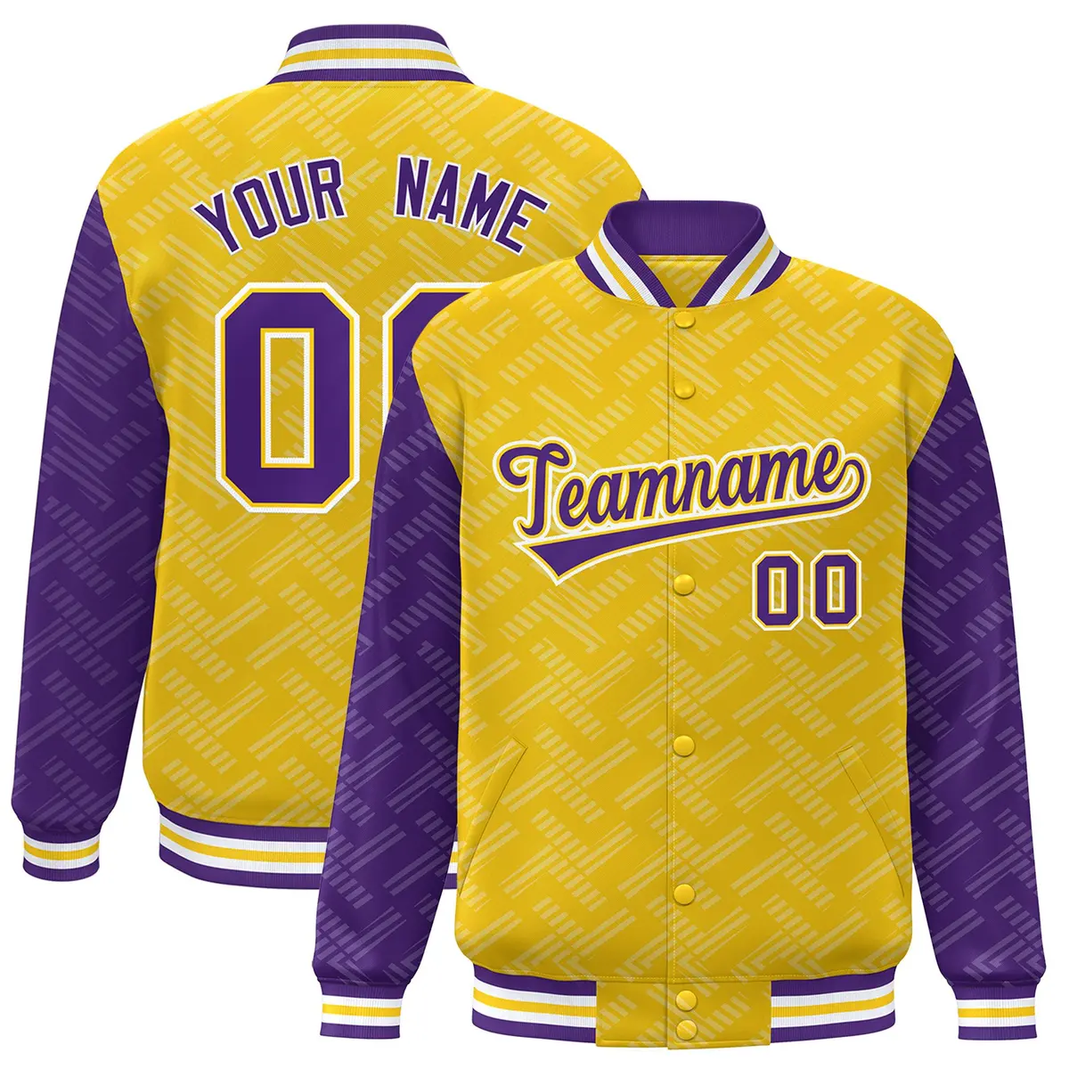 Gold Purple L Pattern Raglan Varsity Letterman Baseball Jacket