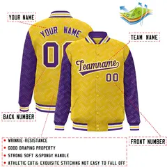 Gold Purple L Pattern Raglan Varsity Letterman Baseball Jacket 2