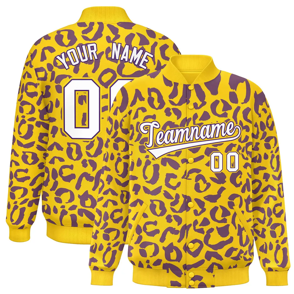 Gold Purple Leopard Graffiti Varsity Letterman Baseball Jacket