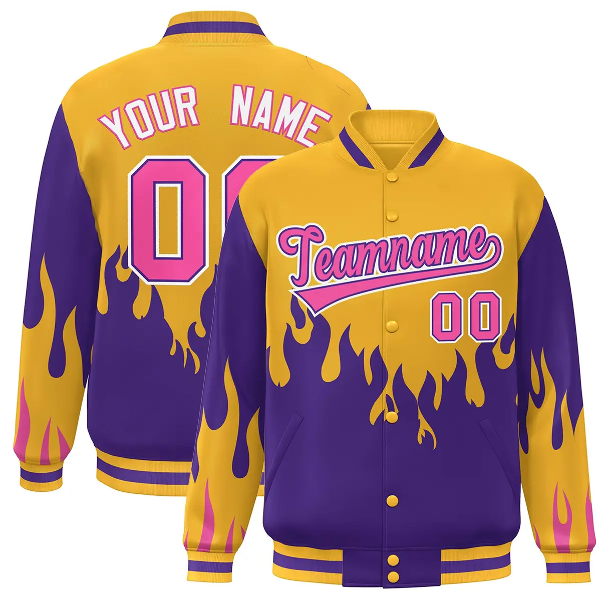 Gold Purple-Pink Flame Graffiti Bomber Varsity Full-Snap Jacket